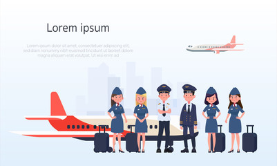 Group of pilots and flight attendants, air hostess. Flat design people characters.