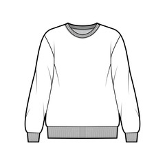 Cotton-terry oversized sweatshirt technical fashion illustration with relaxed fit, crew neckline, long sleeves. Flat outwear jumper apparel template front, white color. Women, men, unisex top CAD