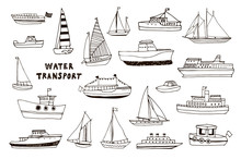 Water Transport: Boat, Ship, Yacht Vector Hand Drawn Doodle Line Illustrations Set