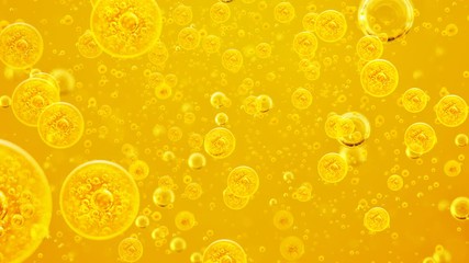 Wall Mural - Through the bubbles. Motion. Oil background. Golden liquid with air bubbles  for projects, oil, honey, beer, juice, shampoos