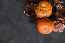 Two Pumpkins And Autumn Leaves On Dark Backdrop. Autumn Harvest.