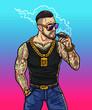 Rich boy - cartoon character. Bearded man in tattoos. Boss gangster in sunglasses and gold chain. Brutal man smokes a cigar near club. Rapper in tattoos with cigar in hand. Swag vector illustration