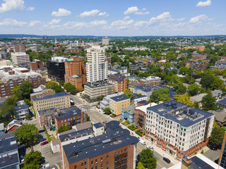 Massachusetts Avenue at Bigelow Street aerial view in downtown Cambridge, Massachusetts MA, USA. 