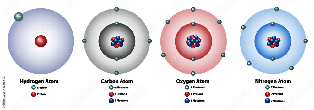 Atomic elements showing the nucleus and shells, numbers of electrons, protons, and neutrons. Hydrogen, carbon, oxygen, and nitrogen. - obrazy, fototapety, plakaty 