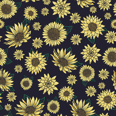 Wall Mural - seamless pattern with vintage hand drawn watercolor style sunflowers on navy ground design