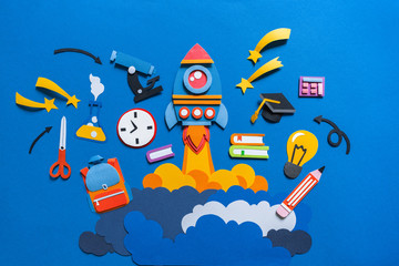 Wall Mural - Rocket takes off paper craft. Back to school. Copy space. Education concept