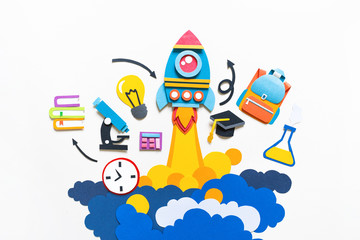 Wall Mural - Rocket takes off paper craft. Back to school. Copy space. Education concept