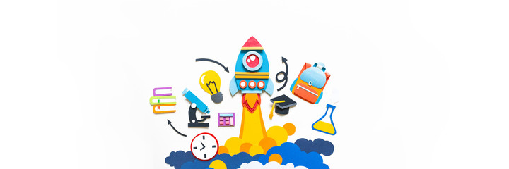 Wall Mural - Rocket takes off paper craft. Back to school. Copy space. Education concept