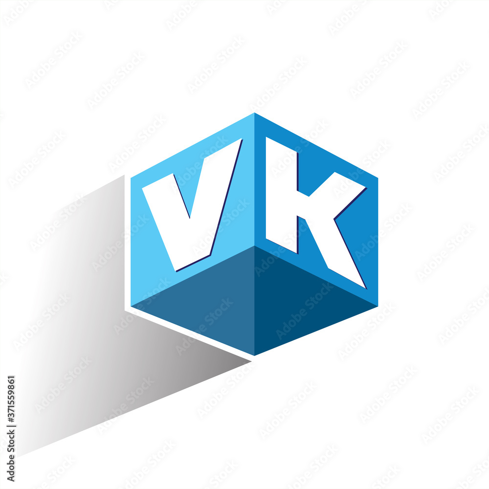 Letter VK logo in hexagon shape and blue background, cube logo with ...