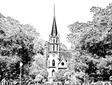 Ancient Church Gothic Architecture Church Illustration Creates A Black And White Style Of Drawing.