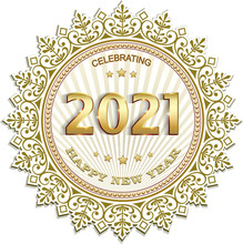 Happy New Year 2021 Background With Snowflakes And Stars In Round Frame With Beads In Gold Color, Template, Logo, Banner. Vector Illustration