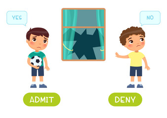 Wall Mural - Admit and deny antonyms word card vector template. Flashcard for english language learning. Opposites concept. A sad boy with a ball broke a window, the second child denies guilt.