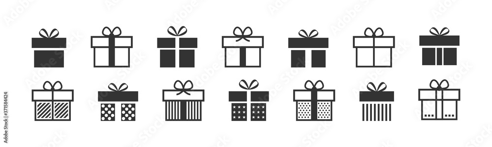 Gift box icon. Present symbol. Christmas box. Surprise with gift box in flat style. Set with gift in linear style. Vector - obrazy, fototapety, plakaty 