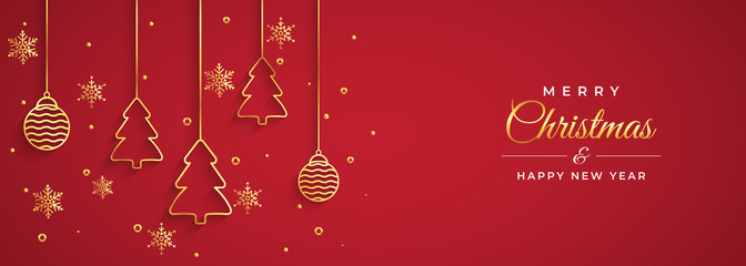 Festive golden christmas tree, snowflake, ball and tree border isolated on red background, Christmas design for postcard or greeting card. Vector illustration, merry xmas snowflake header or banner.