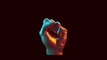 Silver Raised Clenched Fist Anti Fascist Symbol Red Orange And Blue Green Moody 80s Lighting 3d Illustration 3d Render 