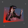 © Alexander - Collage. girl in VR glasses is playing a game or exploring virtual reality. A young female gamer