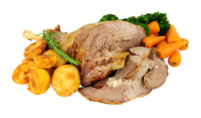 Wall Mural - Roasted half lamb leg meat joint with roast potatoes, carrots and broccoli isolated on a white background