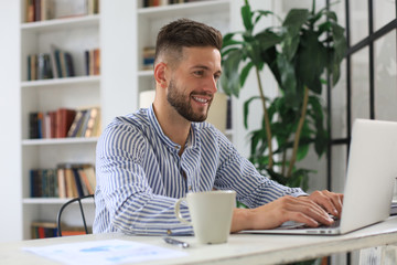 Wall Mural - Happy young business man is analizing financial documents from home during self isolation.