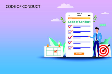 Wall Mural - Business concept of code of conduct, businessman is standing near a big tablet that the display contain list of code of conduct to read and understand each topic in pastel color background.