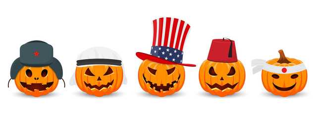 Sticker - Pumpkin on white background. The main symbol of the Happy Halloween holiday. Pumpkin with national hat.