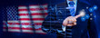 © TexBr - Businessman touching data analytics process system with KPI financial charts, dashboard of stock and marketing on virtual interface. With American flag in background.