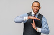 Young african american businessman showing a pause time out gesture with hands - body language signs symbols