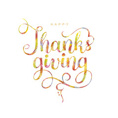 Wall Mural - Happy Tanksgiving lettering with autumn watercolor leaves isolated on white background.