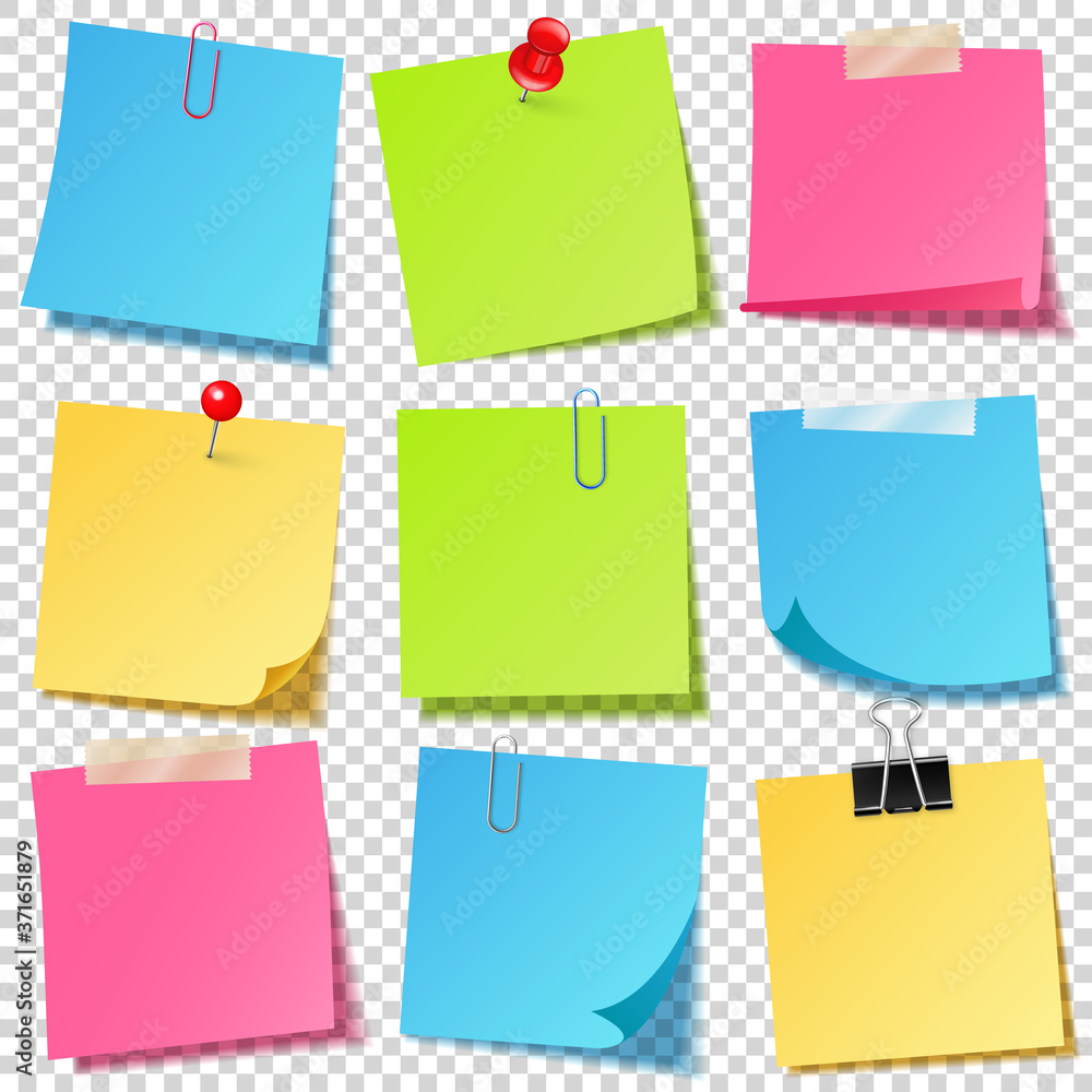 Realistic colorful blank sticky notes with clip binder. Colored sheets ...