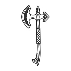 Viking battle axe with wooden handle in vintage monochrome style isolated vector illustration