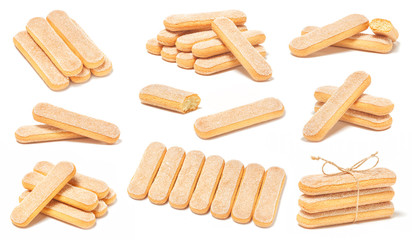 Set of ladyfinger savoiardi biscuit compositions, isolated on white background