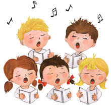 Watercolor Illustration Of Singing Children. Children's Choir. Chorus. Singing.