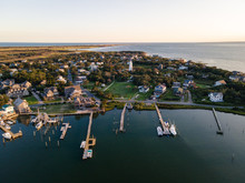 Aerial View Of Village On Ocracoke Island, North Carolina At Golden Hour