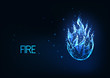 Futuristic glowing low polygonal fire, campfire, bright blue flame isolated on dark blue background.