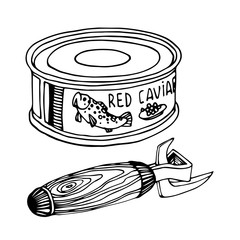 canned red caviar with tin opener, delicious seafood, for icon, logo or emblem, vector illustration with black ink contour lines isolated on a white background in a hand drawn & doodle style