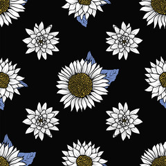 Wall Mural - abstract seamless pattern with vintage hand drawn white wildflowers and white sunflower on black bac
