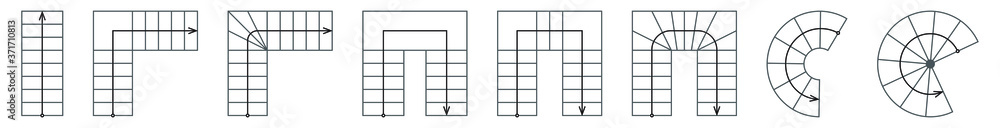 A set of eight types of stairs. Schematic images of stairs in a drawing ...