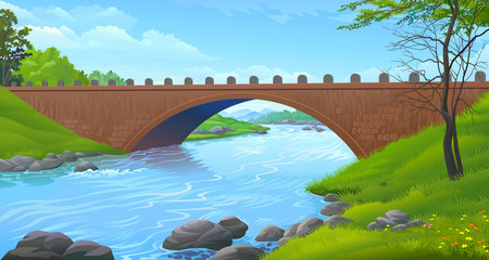 A sturdy bridge made up of solid bricks connecting two landmasses over a freshwater river.