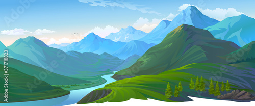 A landscape of a green valley and the blue mountains Poster Mural XXL