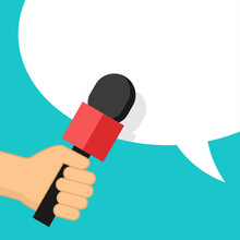 Media Interview Or TV Report - Microphone In Hand And Dialog Box On Bright Background - Vector Template For Breaking News Headline, Banner Or Poster