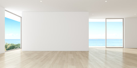 Sticker - Modern empty room with wooden floor and large plain wall on sea background. 3d render.