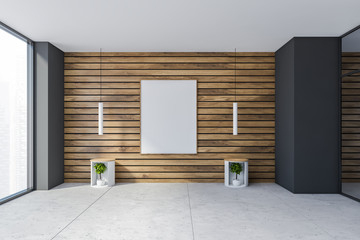 Grey and wooden empty living room with poster