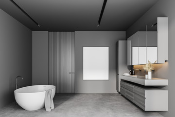  Grey bathroom interior with poster