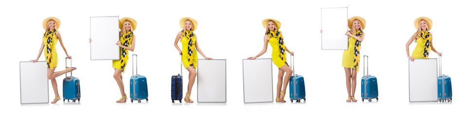 Woman preparing for vacation with suitcase and blank board isol