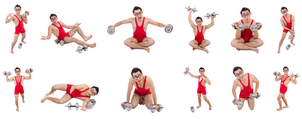 Sticker - Funny guy exercising with dumbbells on white