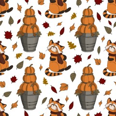 Wall Mural - Autumn pattern for children. Red panda. Autumn animals. pumpkins. Thanksgiving day illustration