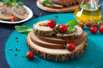 Wall Mural - Meat rolls on rye bread with cherry tomatoes and basil. Tasty and healthy breakfast.