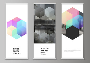 Wall Mural - vector layout of roll up mockup design templates with colorful hexagons, geometric shapes, tech back