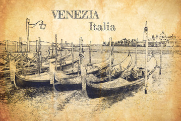 Wall Mural - Gondolas in Venice, sketch on old paper