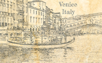 Canvas Print - Rialto Bridge in Venice, Italy, sketch on old paper