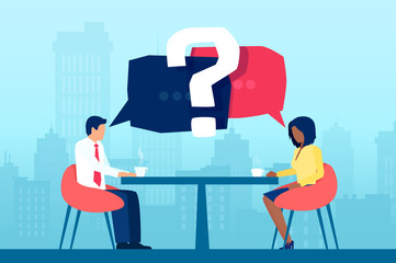 Vector of a business man and businesswoman having questions during meeting and discussion